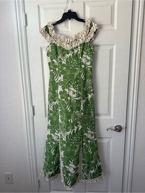 Royal Creations Hawaii Green Tropical Leaf Ruffled Off Shoulder Maxi Dress M